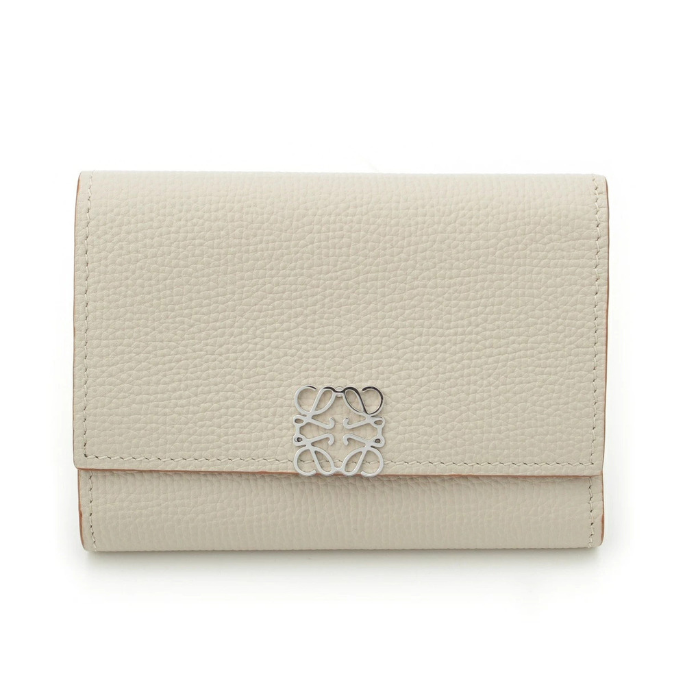 Loewe Leather Anagram Vertical Compact Wallet Tri fold Beige Cream